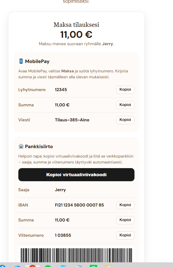 Myyjän kaupan maksunäkymä: MobilePay, pankkisiirto, viitenumero ja virtuaaliviivakoodi